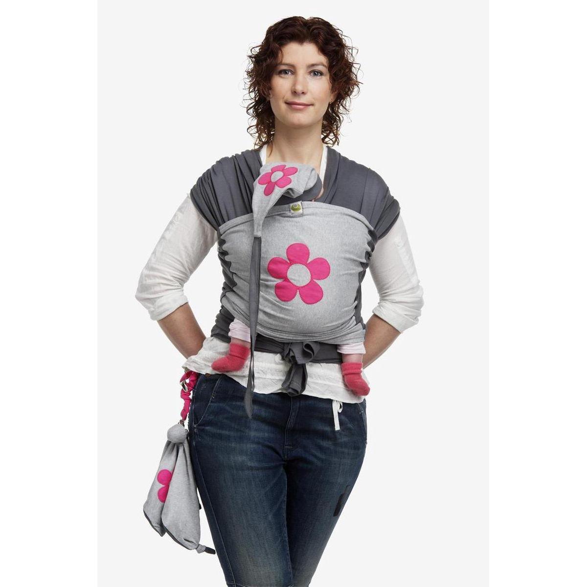 ByKay Rekbare Draagdoek Deluxe - Antraciet met roze bloem - Fuchsia 4,6M