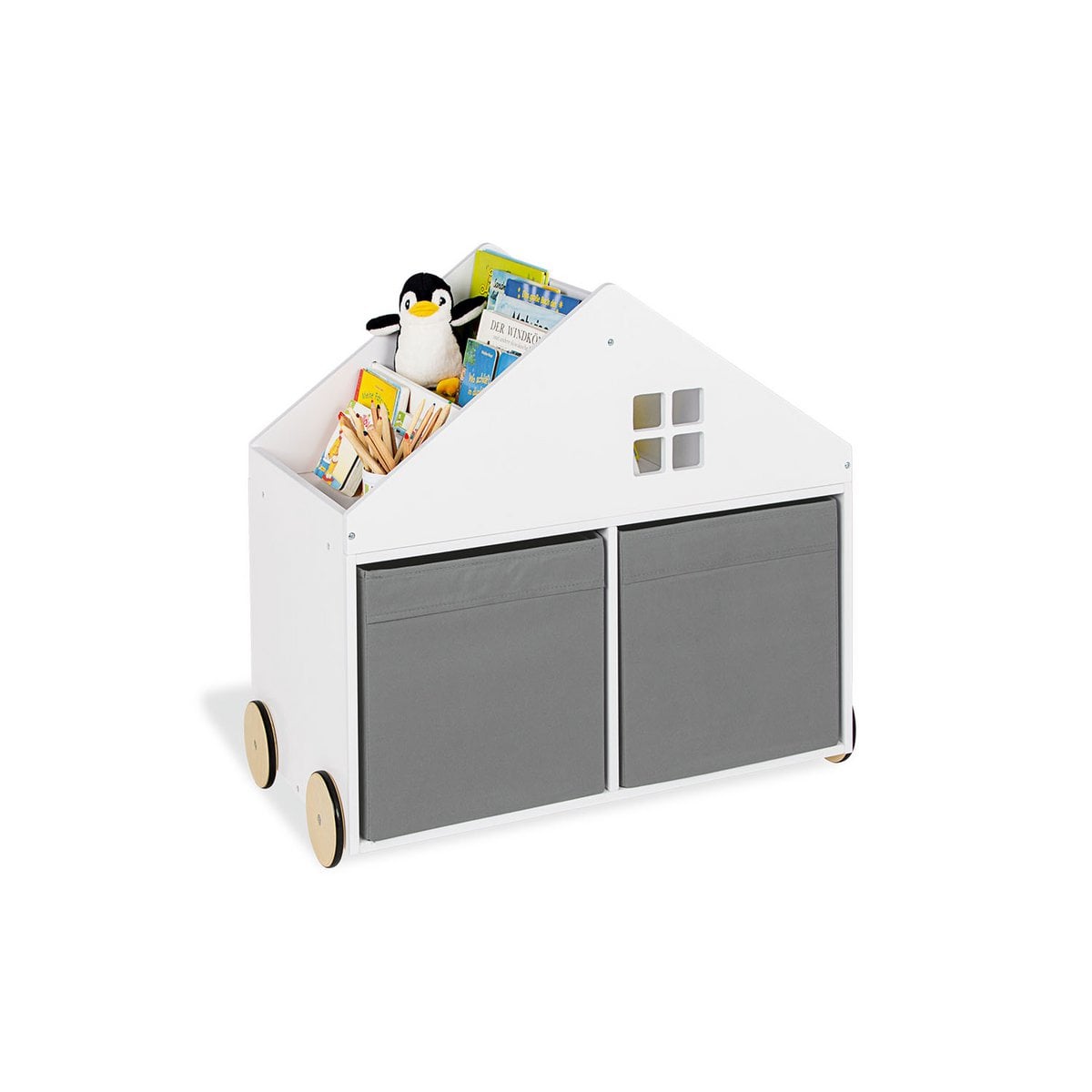 Kinderboekenplank op wielen "HUS", wit