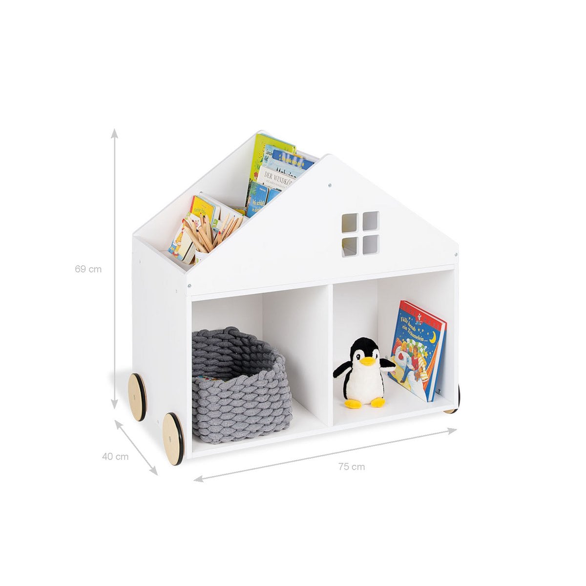 Kinderboekenplank op wielen "HUS", wit